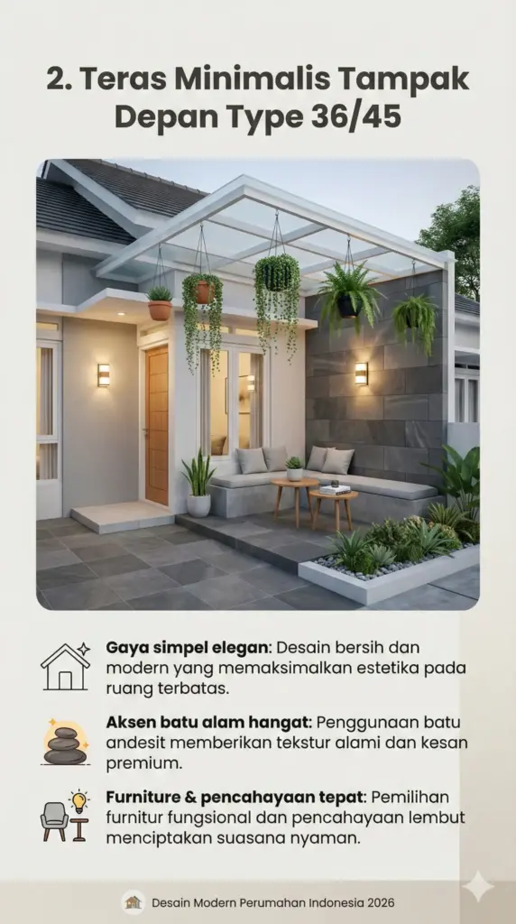 Teras minimalis depan perumahan type 36/45 batu andesit 30x30 cm