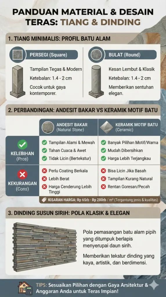 Desain tiang teras dan dinding batu alam andesit bakar vs keramik