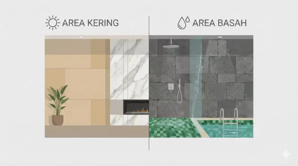 Infografis pemilihan batu alam untuk area kering dinding interior dan area basah