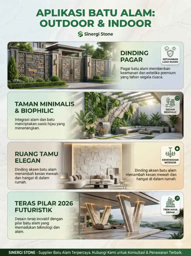 Aplikasi batu alam dinding pagar taman teras ruang tamu minimalis Sinergi Stone Cirebon.