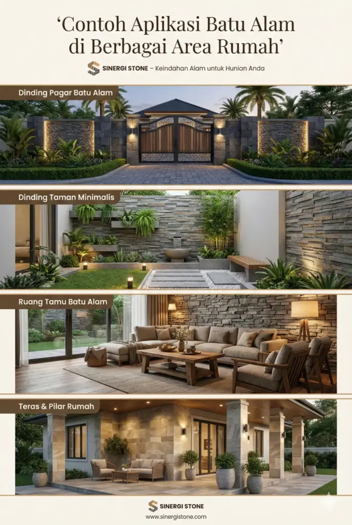 Contoh aplikasi batu alam pada pagar, dinding taman, ruang tamu, dan teras pilar rumah.