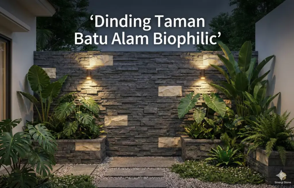 Desain dinding taman batu alam andesit biophilic dengan tanaman hijau dan lampu dinding.