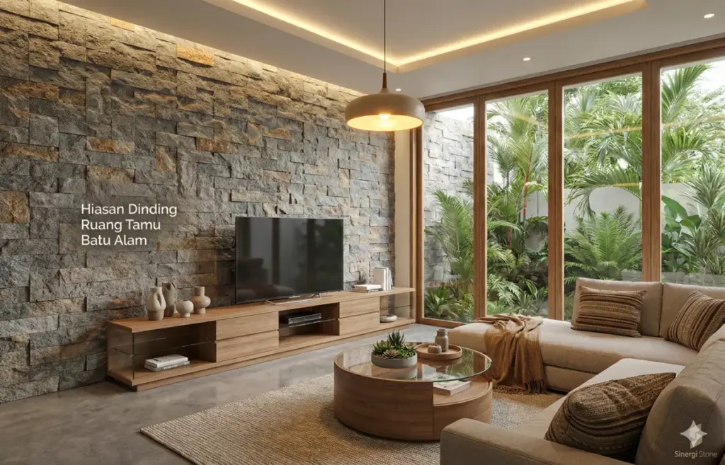 Desain ruang tamu modern dengan dinding aksen batu alam andesit dan furnitur kayu.