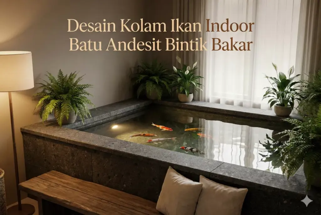 Infografis kolam ikan indoor batu andesit bintik bakar Sinergi Stone nuansa sejuk