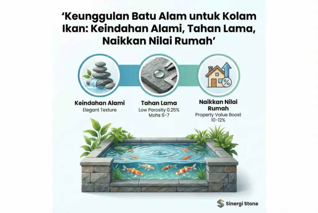 nfografis keunggulan batu alam andesit untuk kolam ikan: ketahanan dan estetika Sinergi Stone