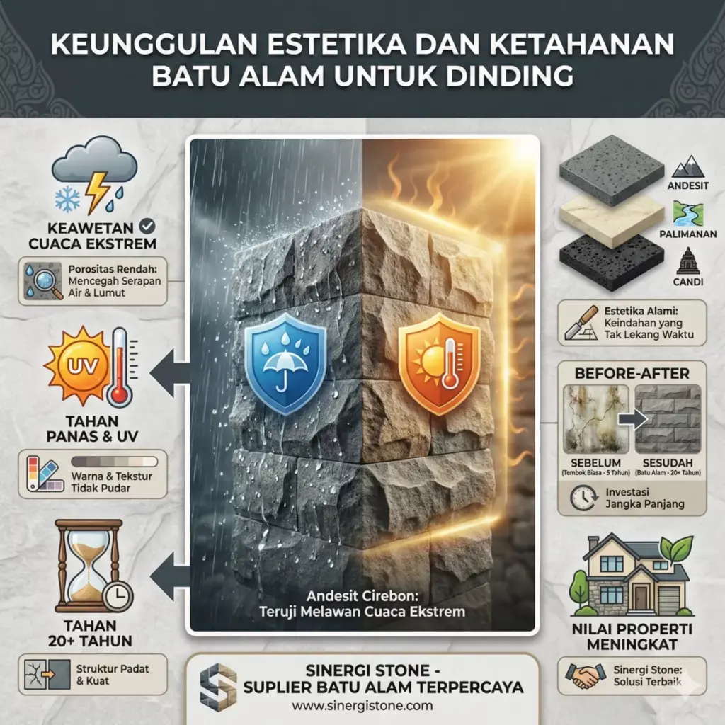 Keunggulan batu alam andesit untuk dinding rumah: tahan cuaca, estetika alami Sinergi Stone Cirebon.
