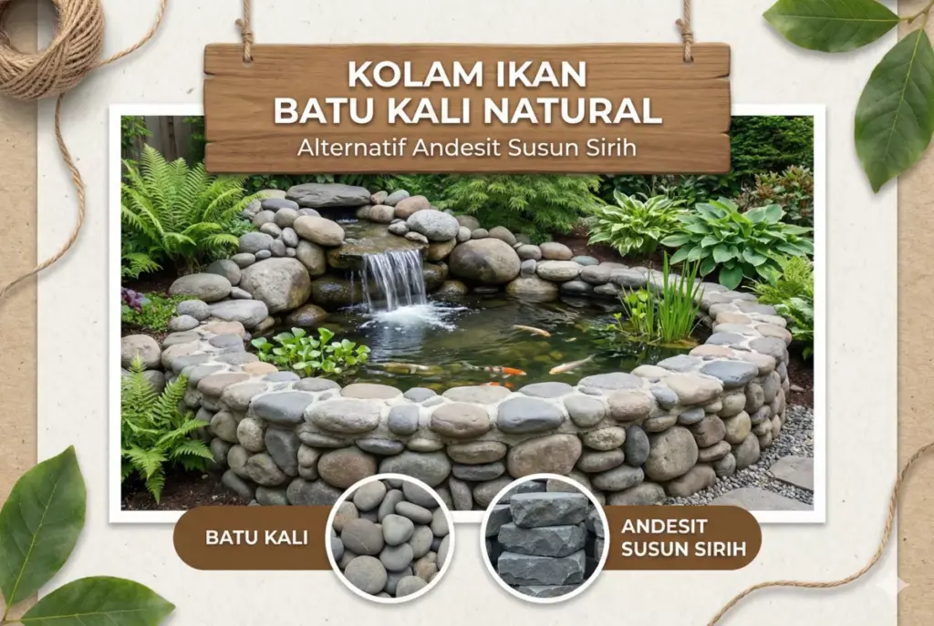 Infografis kolam ikan batu kali dan andesit susun sirih alami Sinergi Stone 