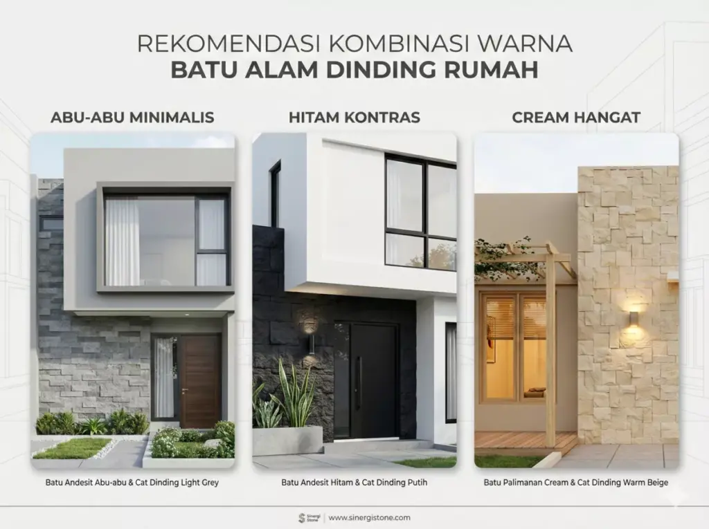 Kombinasi warna batu alam abu-abu, hitam, dan cream dengan cat dinding rumah minimalis.