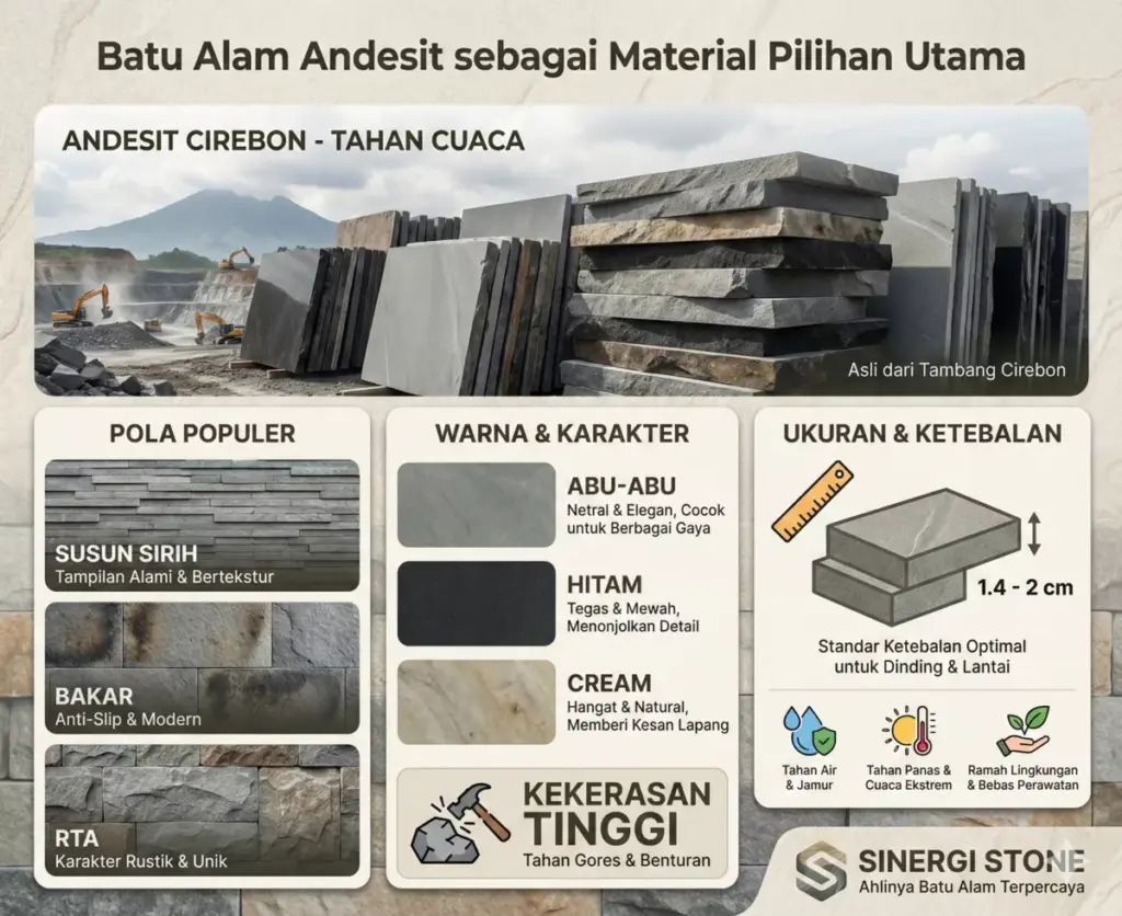 Batu andesit Cirebon untuk dinding rumah: pola susun sirih bakar, warna abu hitam Sinergi Stone.