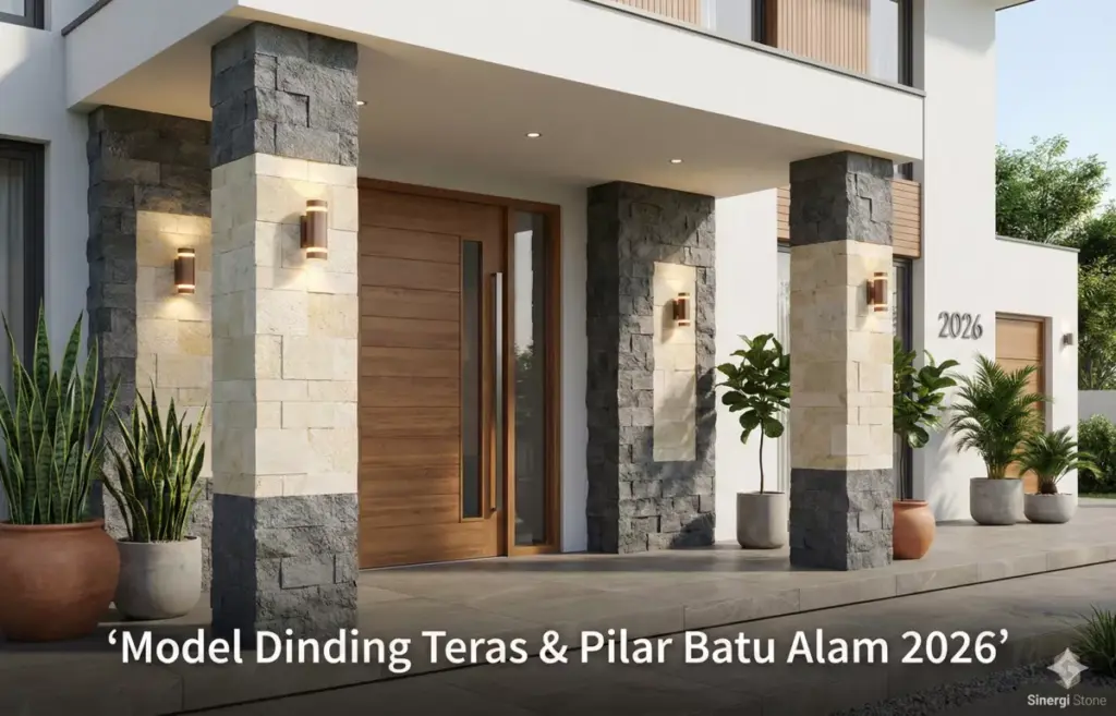 Model dinding teras depan dan pilar rumah batu alam andesit dan palimanan terbaru 2026.