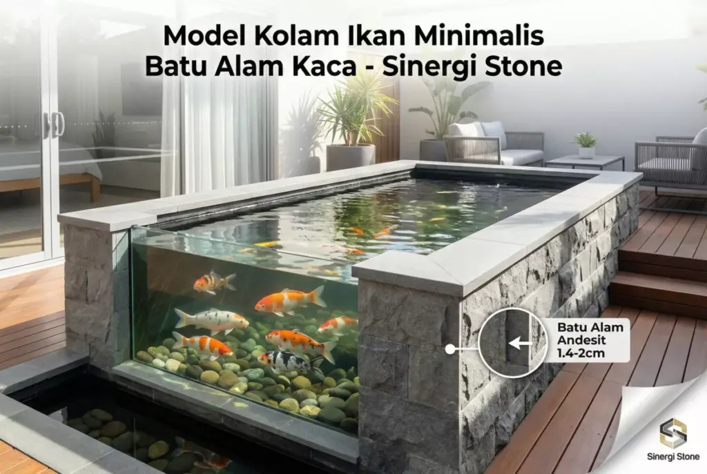 Infografis kolam ikan minimalis batu andesit kaca transparan Sinergi Stone Cirebon