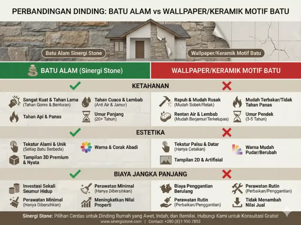Perbandingan dinding batu alam vs keramik motif: ketahanan, estetika, harga Sinergi Stone.