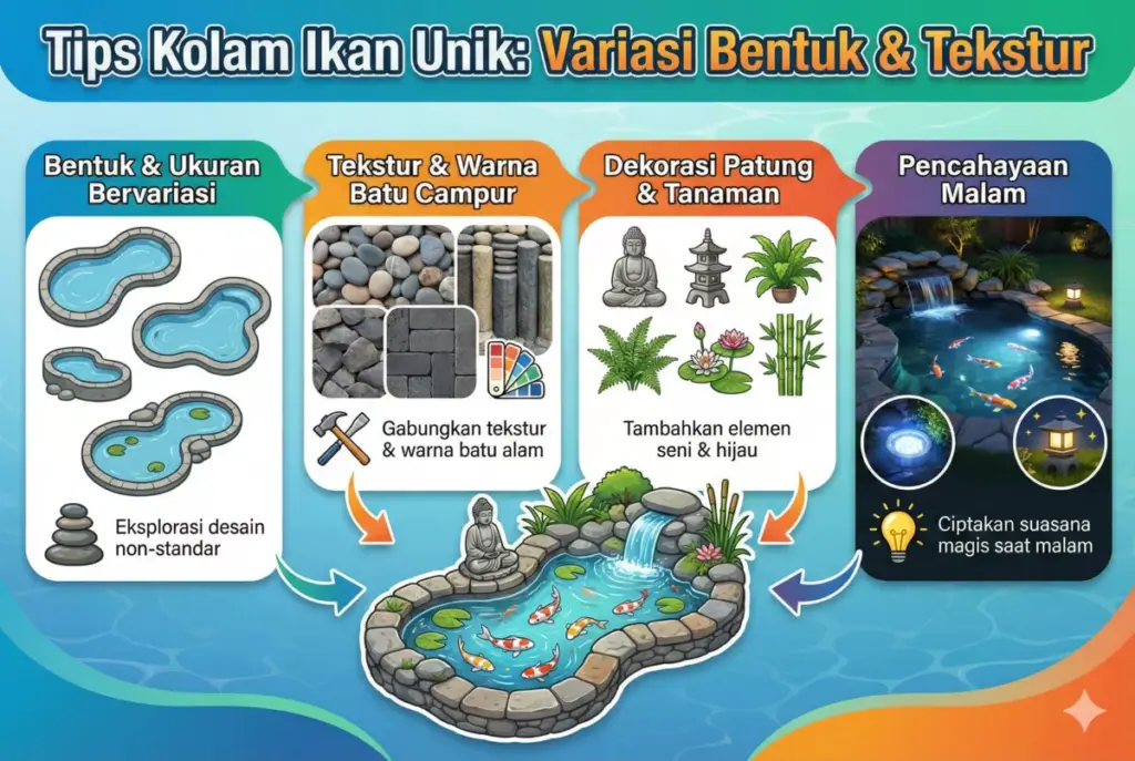 Infografis tips variasi kolam ikan batu alam tekstur Sinergi Stone tidak monoton