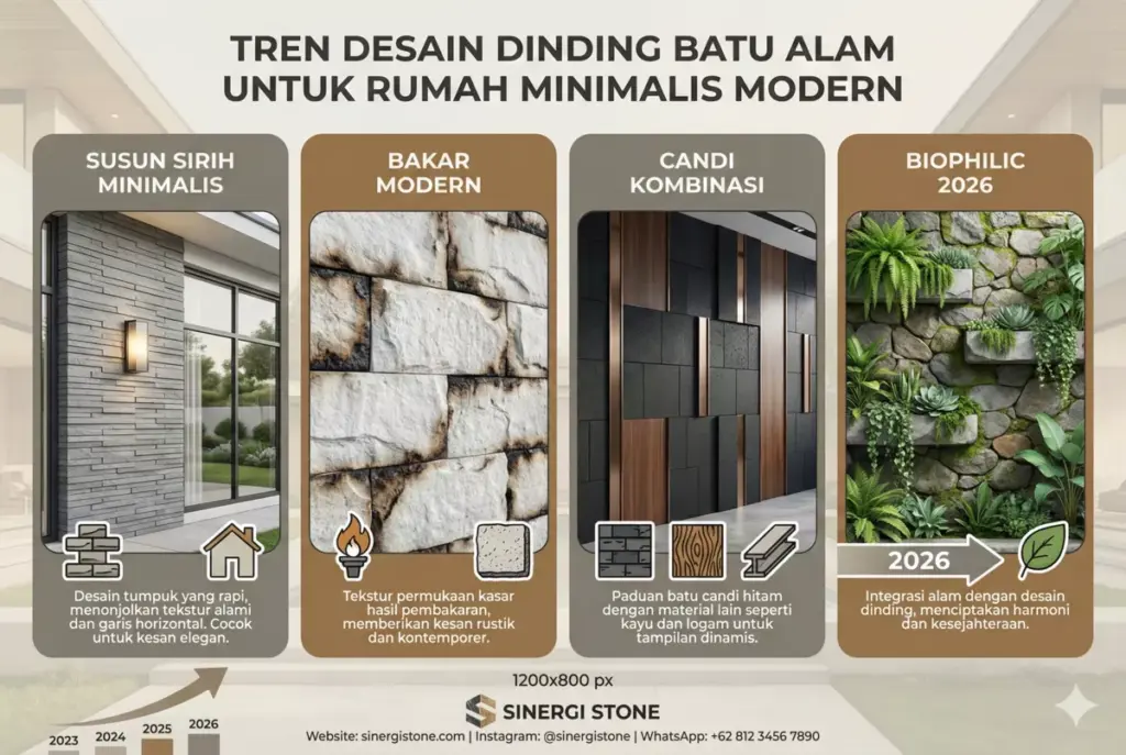 Tren desain dinding rumah pakai batu alam rumah model minimalis modern. Varian pemasangan susun sirih, bakar, biophilic dari Sinergi Stone.