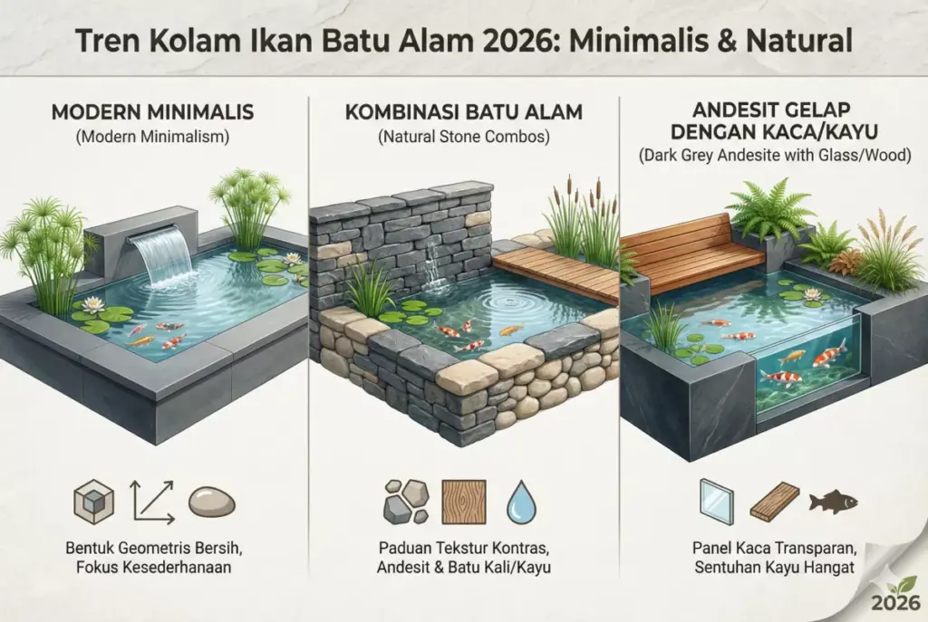 Infografis tren kolam ikan minimalis batu alam dark grey andesit 2026 Sinergi Stone