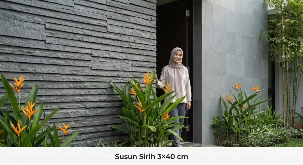 Dinding eksterior fasad rumah minimalis Indonesia dengan andesit susun sirih 3x40 cm dan RTM 20x40 cm