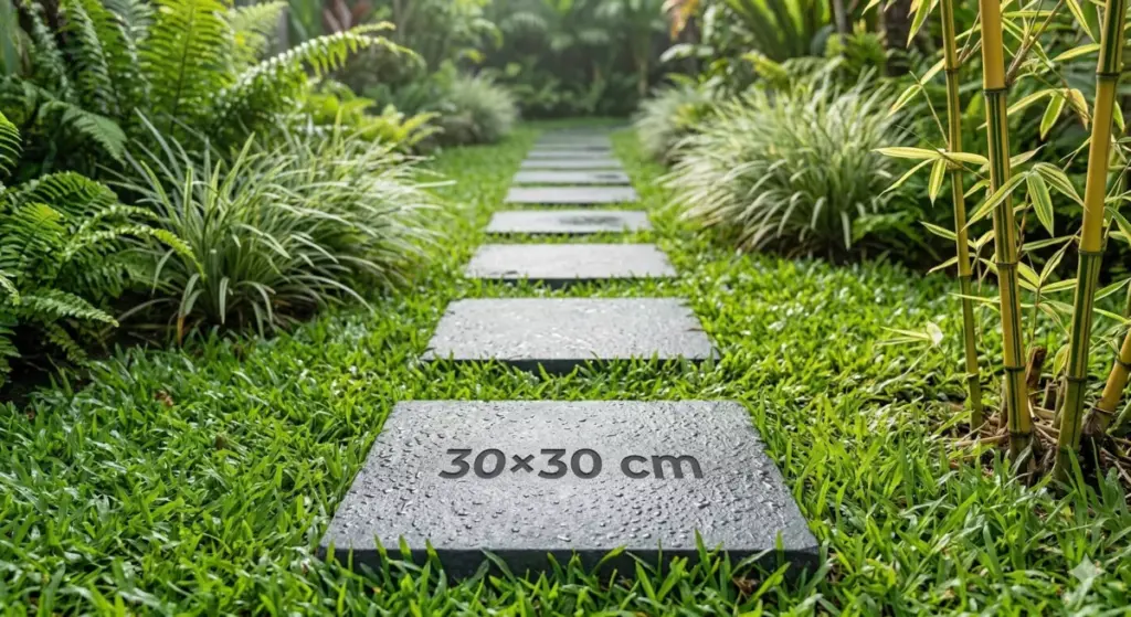 Batu pijakan taman stepping stone andesit bakar 30x30 cm tebal 4 cm di taman tropis hijau Indonesia
