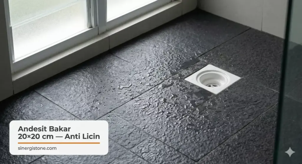 Lantai kamar mandi batu andesit bakar ukuran 20x20 cm, tekstur kasar anti-slip warna slate grey