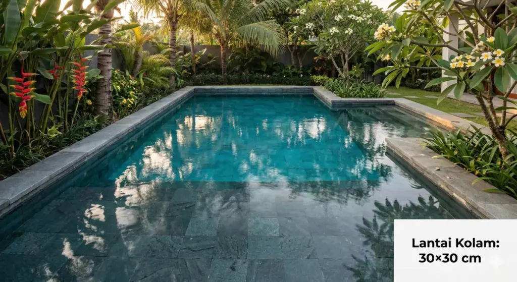 Kolam renang villa Indonesia lantai batu andesit bakar 30x30 cm, bibir kolam andesit 30x60 cm pinggul