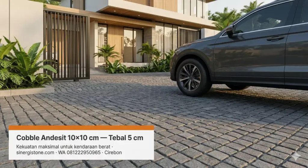 Carport rumah Indonesia dengan batu andesit cobble 10x10 cm tebal 5 cm, kuat menahan beban kendaraan SUV
