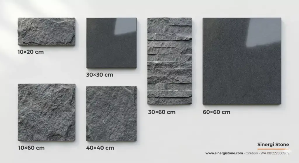 Berbagai ukuran batu andesit dari 10x20 cm hingga 60x60 cm dengan finishing bakar, polished, dan susun sirih