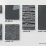 Berbagai ukuran batu andesit dari 10x20 cm hingga 60x60 cm dengan finishing bakar, polished, dan susun sirih