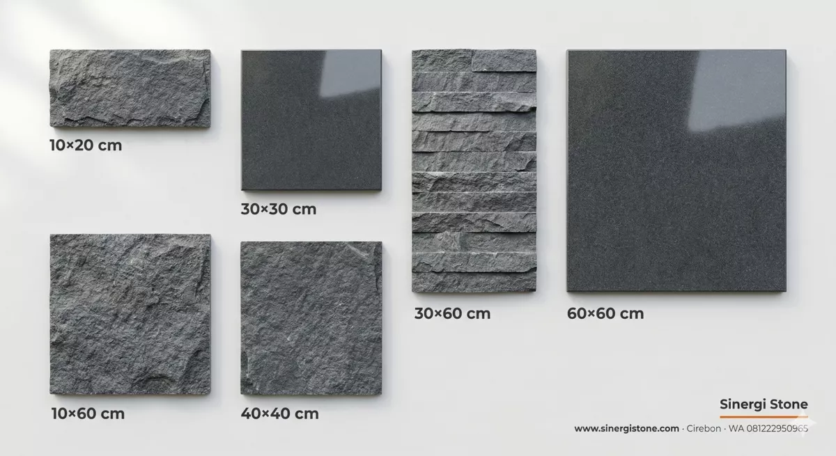 Berbagai ukuran batu andesit dari 10x20 cm hingga 60x60 cm dengan finishing bakar, polished, dan susun sirih