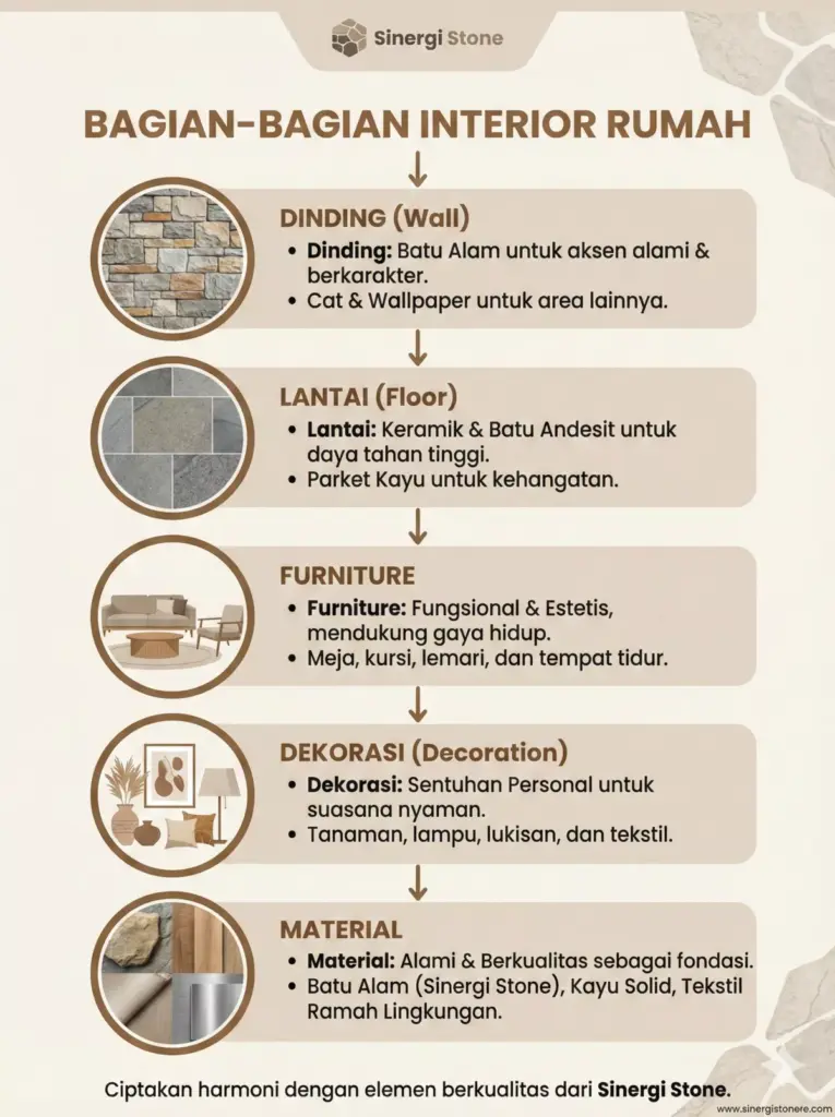 Infografis komponen interior rumah minimalis: dinding batu alam, lantai, furniture Sinergi Stone