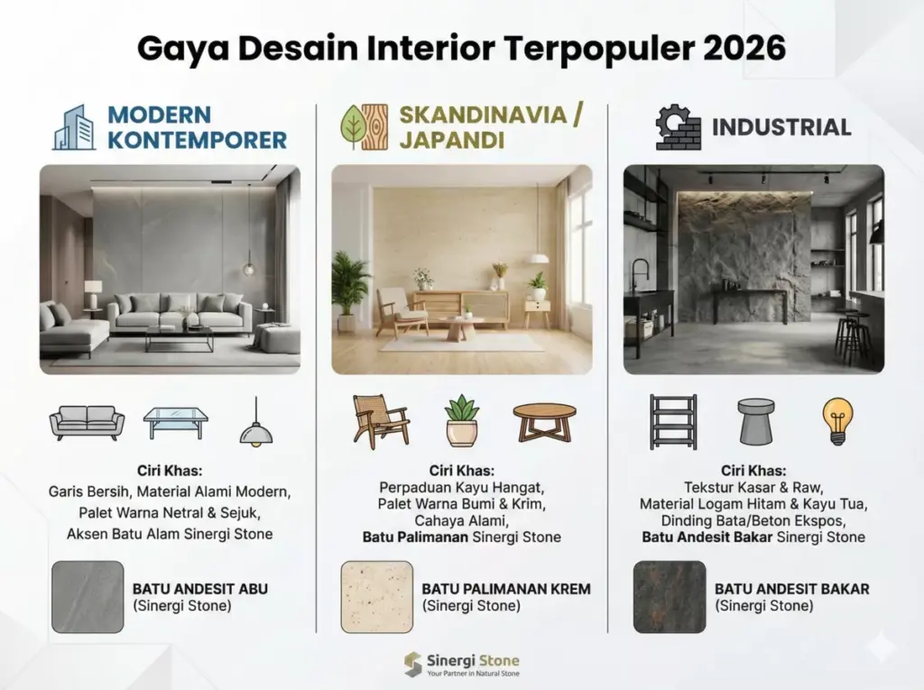 Infografis tren gaya interior 2026: modern, Japandi, industrial dengan batu alam Sinergi Stone