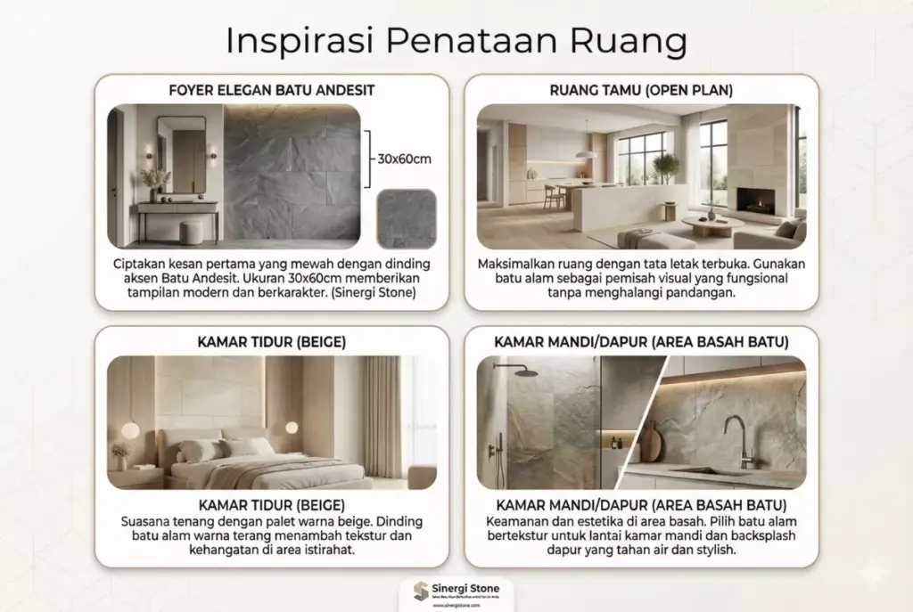 Infografis ide foyer, ruang tamu, kamar minimalis dengan aplikasi batu alam Sinergi Stone (68 chars).