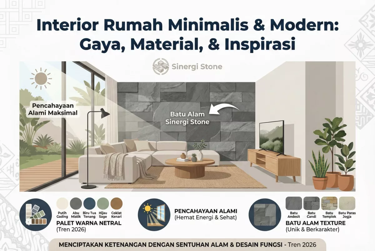 Infografis interior rumah minimalis modern dengan batu alam Sinergi Stone untuk inspirasi tren 2026