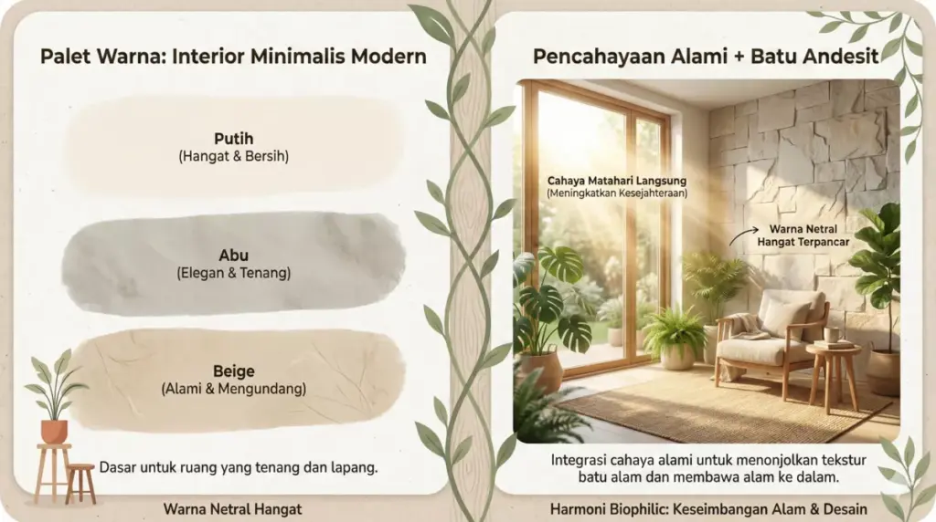Infografis palet warna netral dan pencahayaan alami untuk interior rumah minimalis batu alam