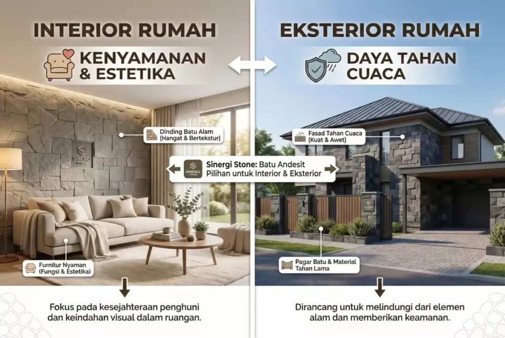 Infografis perbedaan interior vs eksterior rumah minimalis menggunakan batu alam Sinergi Stone 