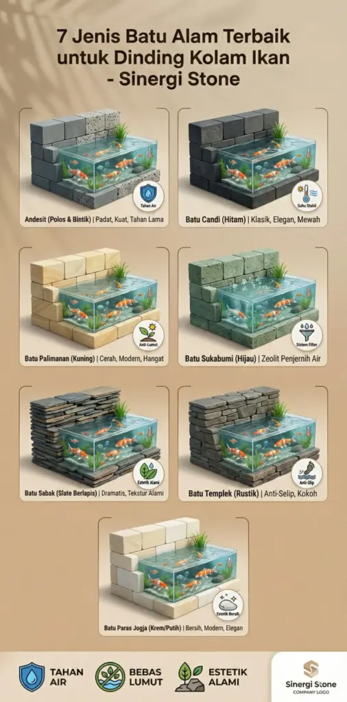 Infografis 7 jenis batu alam seperti andesit sukabumi untuk dinding kolam ikan tahan air Sinergi Stone
