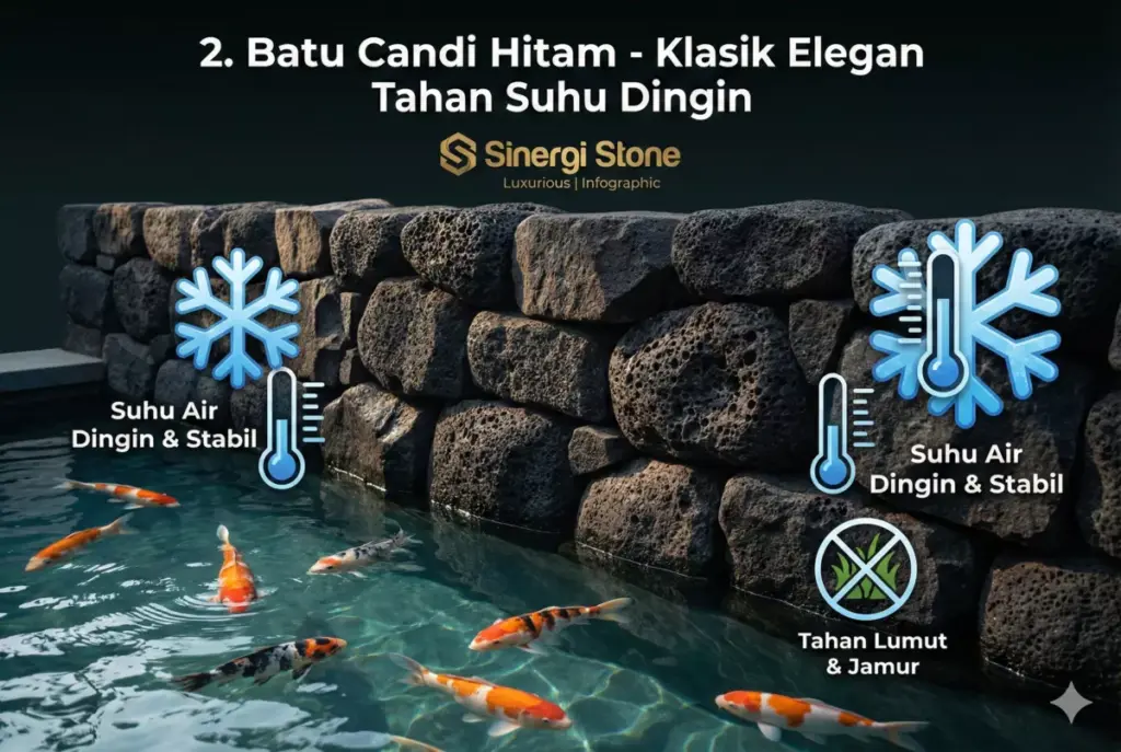 Batu candi hitam porositas tinggi untuk dinding kolam ikan koi mewah