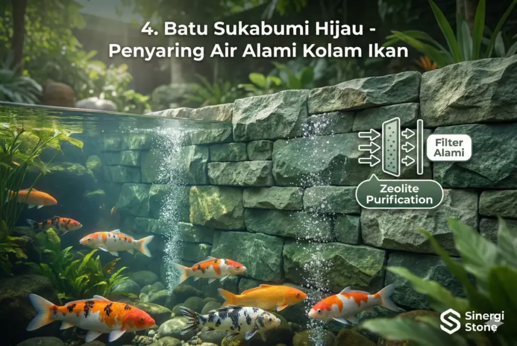 Batu sukabumi hijau zeolit jernihkan air dinding kolam ikan koi