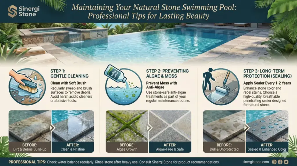 Infografis tips merawat batu andesit kolam renang agar kinclong Sinergi Stone 