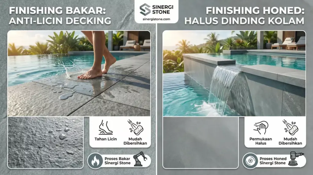Perbandingan finishing batu andesit bakar honed untuk bibir lantai kolam renang