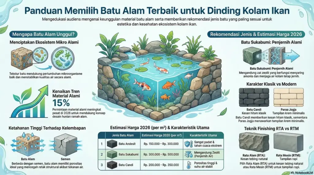 Infografis cara memilih batu alam terbaik untuk dinding kolam ikan