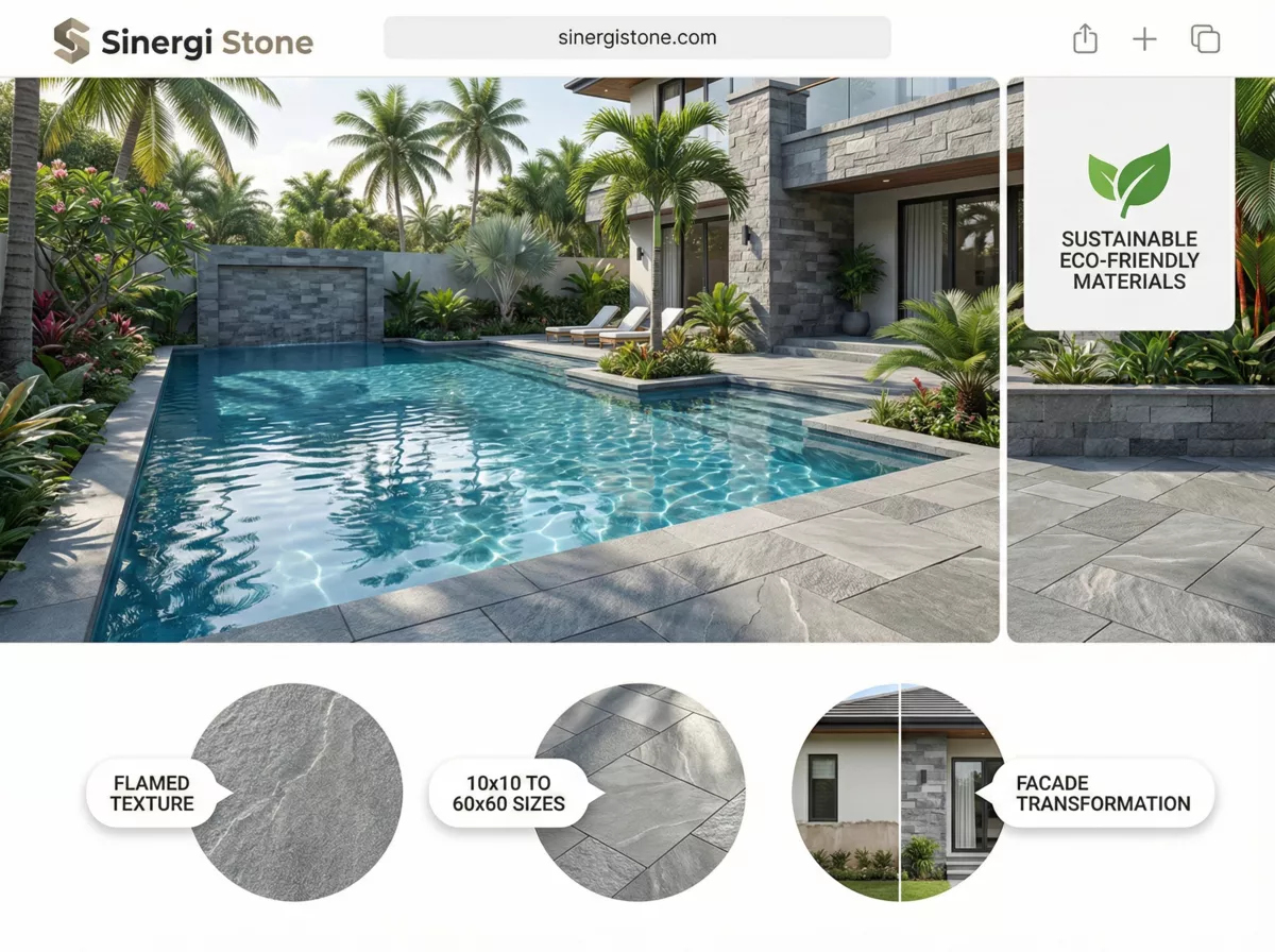 Infografis kolam renang batu alam andesit ala resort mewah Sinergi Stone Cirebon