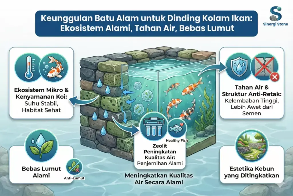 Infografis manfaat batu alam untuk dinding kolam ikan: tahan lembab, tingkatkan kualitas air, estetika taman
