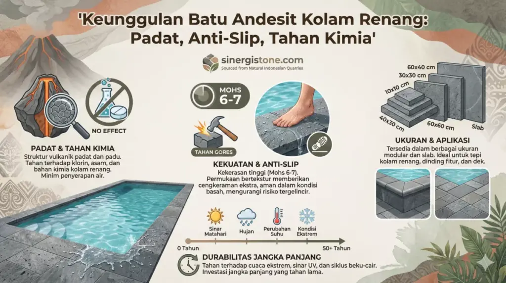 Keunggulan batu andesit padat tahan kimia kaporit untuk kolam renang