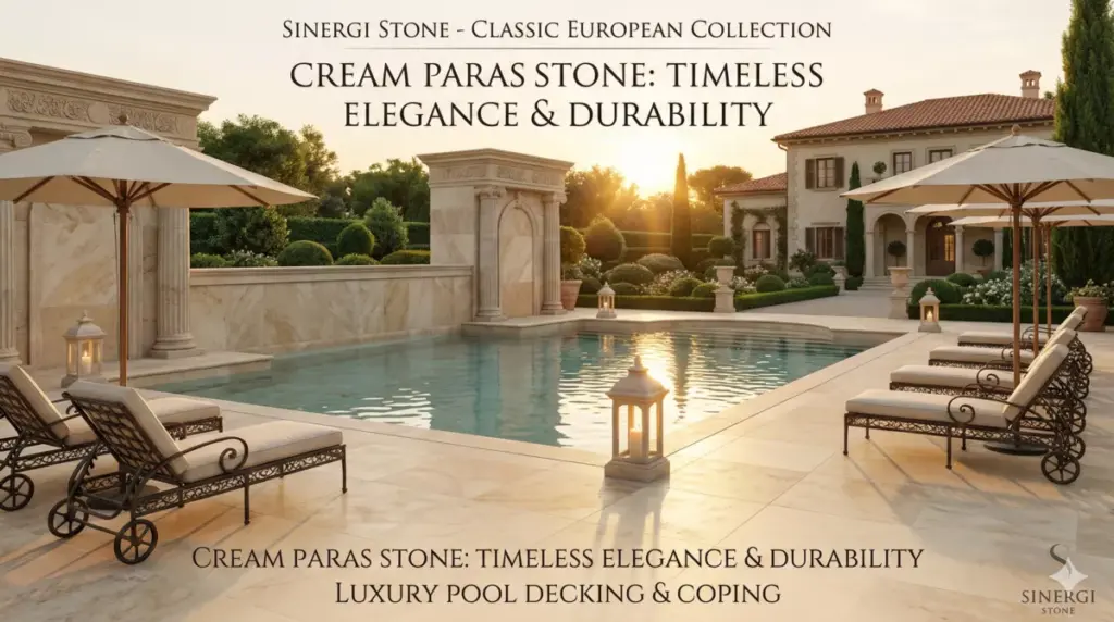 Kolam renang batu paras krem gaya Eropa klasik elegan Sinergi Stone