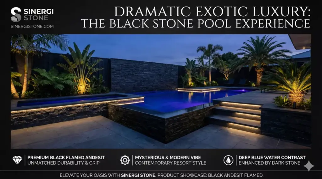 Kolam renang hitam eksotis batu andesit bakar mewah Sinergi Stone