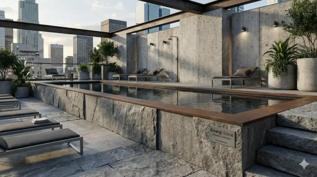 Desain industrial kolam renang batu alam andesit kasar modern