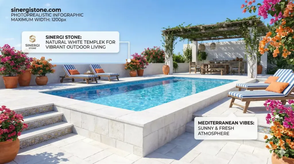 Kolam renang Mediterania batu templek putih cerah Sinergi Stone