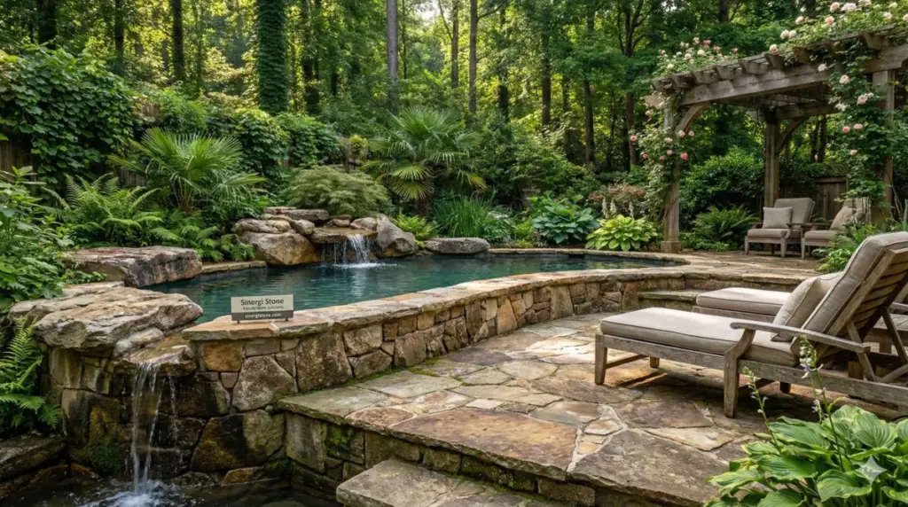 Model rustic kolam renang batu templek kasar alami Sinergi Stone