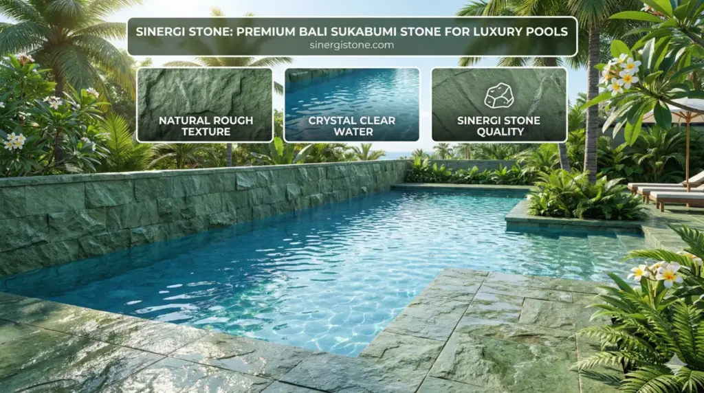 Kolam renang batu alam Sukabumi hijau gaya Bali tropis Sinergi Stone