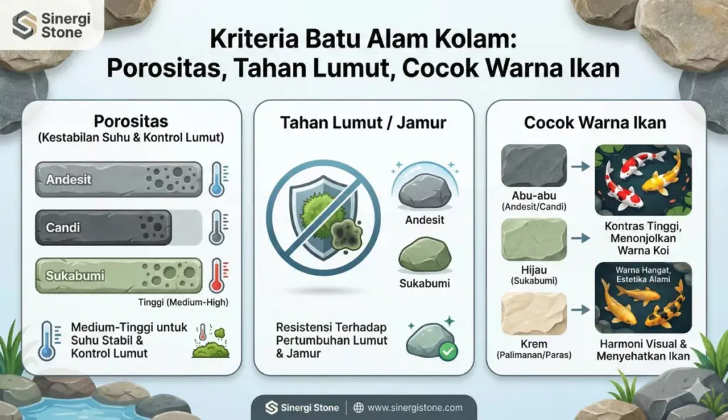 Infografis kriteria porositas dan ketahanan lumut batu alam untuk dinding kolam ikan koi