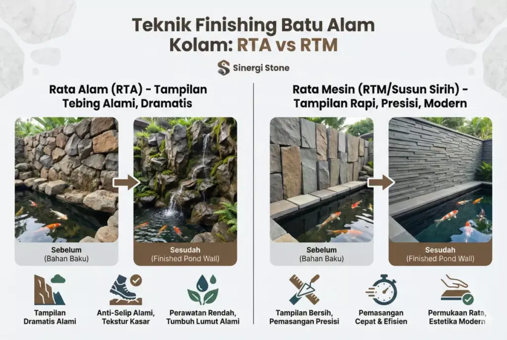 Infografis perbandingan finishing rata alam dan rata mesin batu kolam ikan